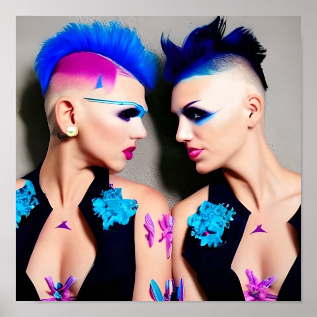 Frauen mit schwarzen, rosa und blauen Mohawks Poster (Vorne)