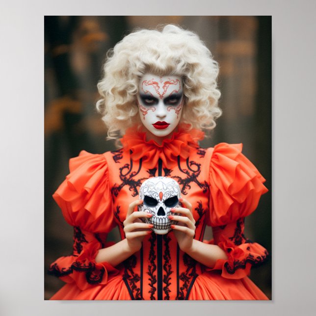 Frauen mit Vampirschuh, die einen weißen Schädel h Poster (Vorne)