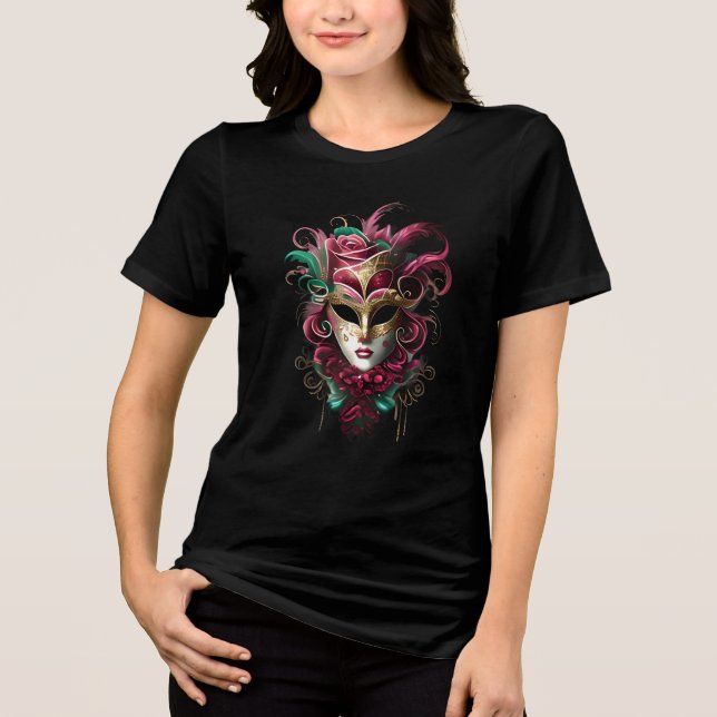 Frauen mit Venezianischer Augenmaske, rosa grünes  Tri-Blend Shirt (Vorderseite)