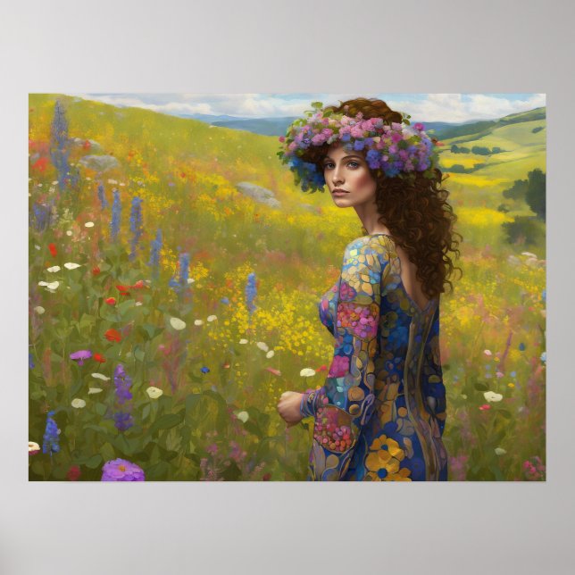 Frauen mit Wildblumen im Hügel Landschaftliche Kun Poster (Vorne)