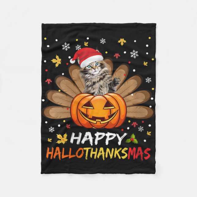 Frauen Niedlich Cat Happy Hallothanksmas Halloween Fleecedecke (Vorderseite)