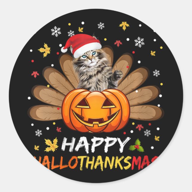 Frauen Niedlich Cat Happy Hallothanksmas Halloween Runder Aufkleber (Vorderseite)