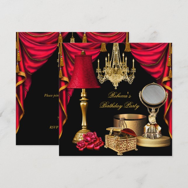 Frauen Party Gold Black Red Luxus Artikel Einladung (Vorne/Hinten)