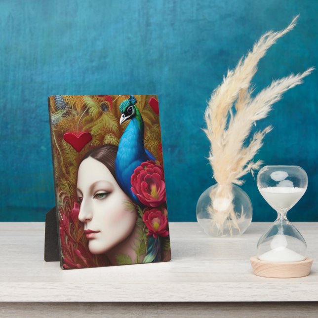 Frauen, Pfau, rote Blume und Herz Fotoplatte (Seite)