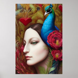 Frauen, Pfau, rote Blume und Herz Poster