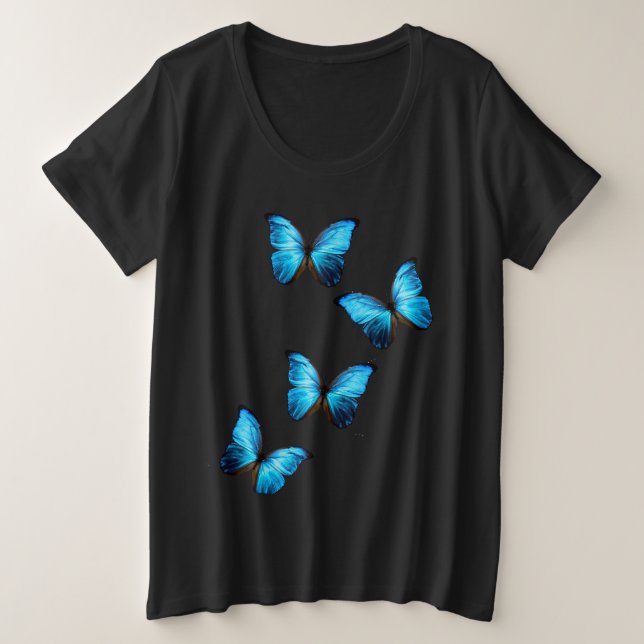 Frauen Plus Größe T-Shirt Blaue Schmetterlinge (Design vorne)