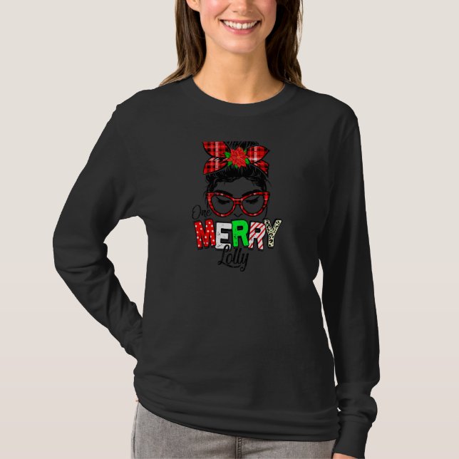 Frauen Red Kariert One Merry Lolly Messy Bun Chris T-Shirt (Vorderseite)