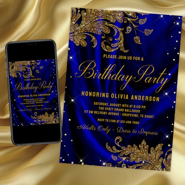 Frauen Royal Blue Gold Geburtstagsparty Einladung (Womans royal blue & gold any number birthday invitation. For instant download & printed invitations.)