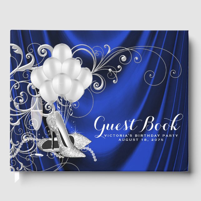 Frauen Royal Blue Silver Birthday Party Gästebuch (Vorderseite)