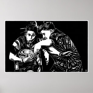 Frauen Rugby - Holzschnitt Kunst Druck Poster
