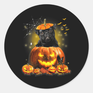 Frauen Schwarzer Pug Gruseliger Halloween-Kürbis-H Runder Aufkleber