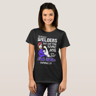 Frauen-Schweißer tun den gleichen Job-Blick besse T-Shirt