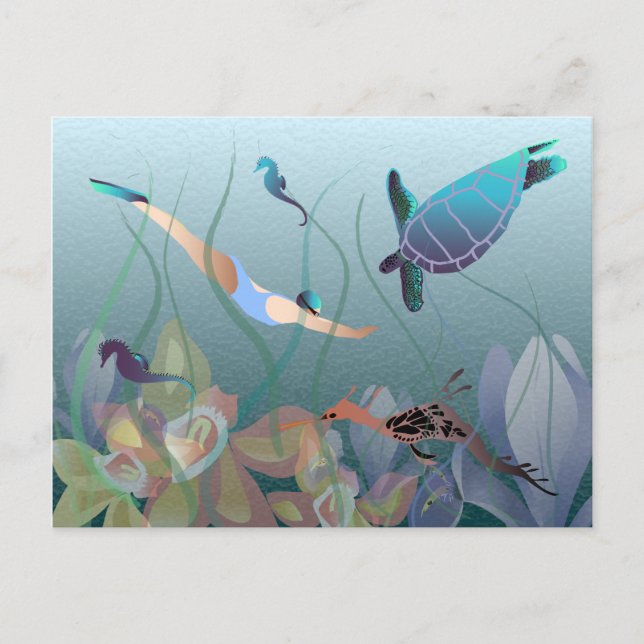 Frauen schwimmen unter Wasser mit Schildkröte Postkarte (Vorderseite)