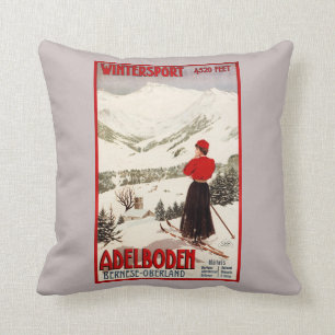 Frauen-Skifahrer, der Adelboden-Plakat übersieht Kissen