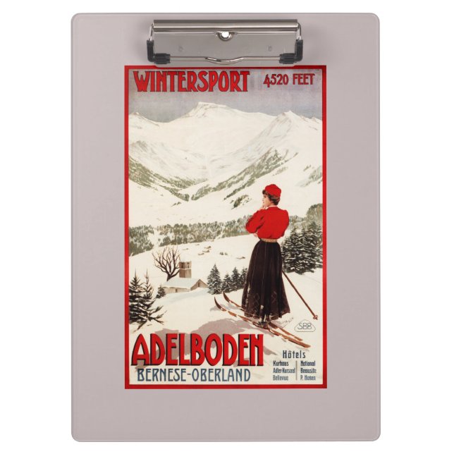 Frauen-Skifahrer, der Adelboden-Plakat übersieht Klemmbrett (Vorderseite)