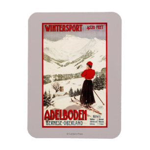 Frauen-Skifahrer, der Adelboden-Plakat übersieht Magnet