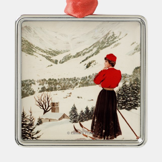 Frauen-Skifahrer, der Adelboden-Plakat übersieht Silbernes Ornament (Vorne)