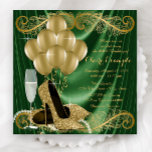 Frauen Smaragdgrün und Gold Geburtstagsparty Glam Einladung<br><div class="desc">Das smaragdgrüne und goldene Geburtstagsfest der Frau mit schönen goldenen Glitzer-High-Heel-Schuhen, Goldballons, Champagner und Perlen auf einem glamourösen und luxuriösen smaragdgrünen Satin-Hintergrund. Diese elegante Grün- und Goldparty-Einladung lässt sich einfach an Ihre Veranstaltung anpassen, indem Sie einfach Ihre Details in den Schriftart-Stil und Farbe, Wortlaut und Layout Ihrer Wahl einfügen. Sie...</div>