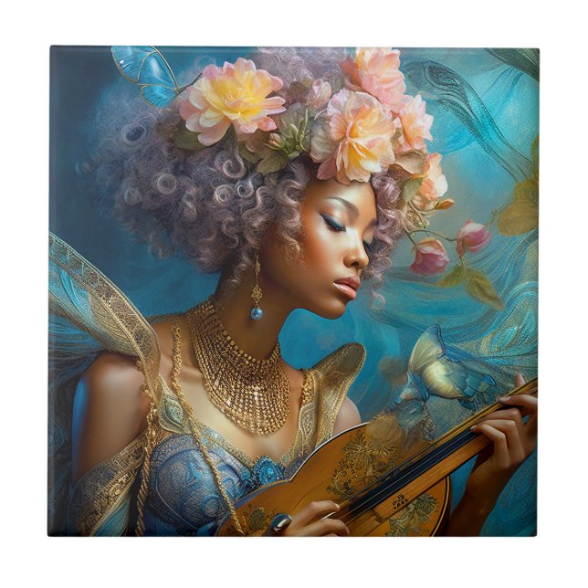 Frauen spielen Lute American Fantasy Art Fliese (Vorderseite)