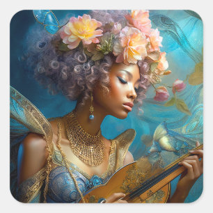 Frauen spielen Lute American Fantasy Art Quadratischer Aufkleber
