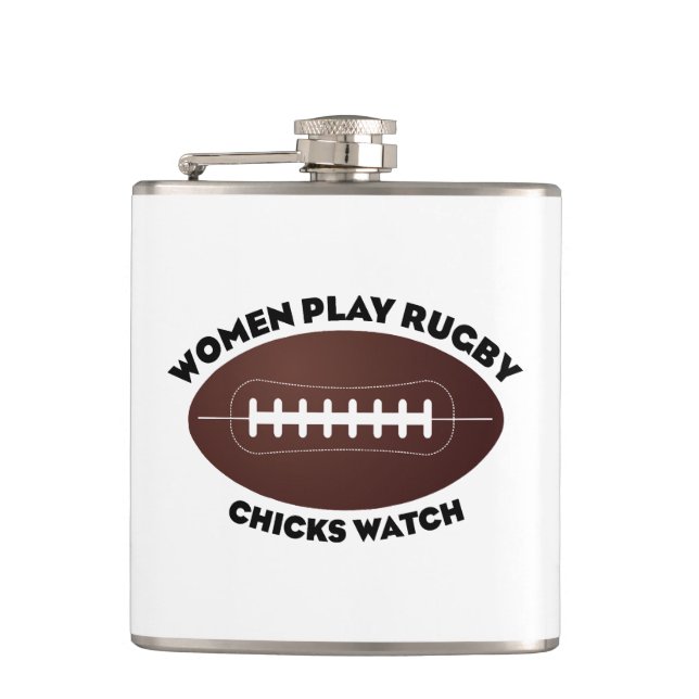 Frauen spielen Rugby, Hühner beobachten Flachmann (Vorderseite)