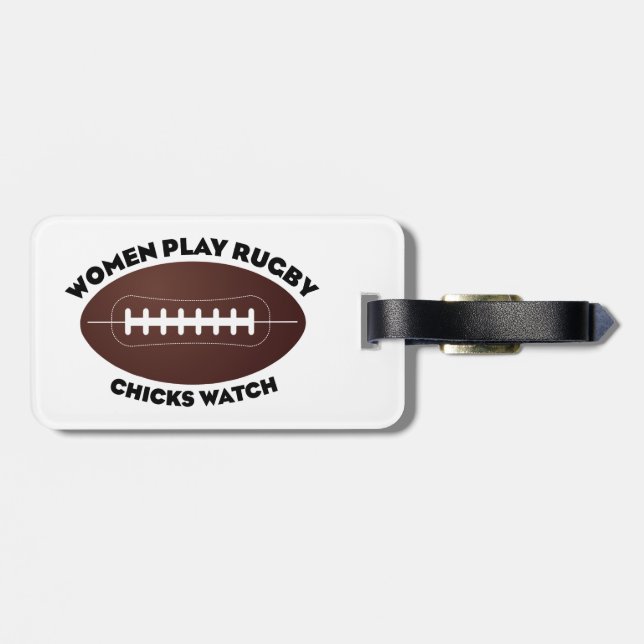 Frauen spielen Rugby, Hühner beobachten Gepäckanhänger (Rückseite horizontal)
