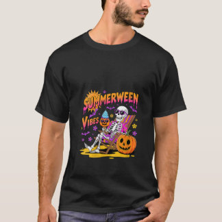 Frauen Summerween Vibes Skeleton Pumpkin Spooky Va T-Shirt