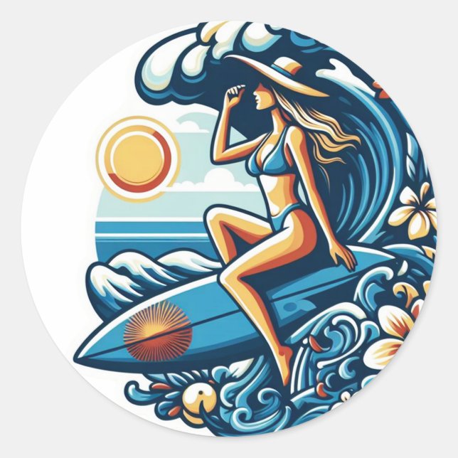 Frauen Surf Runder Aufkleber (Vorderseite)