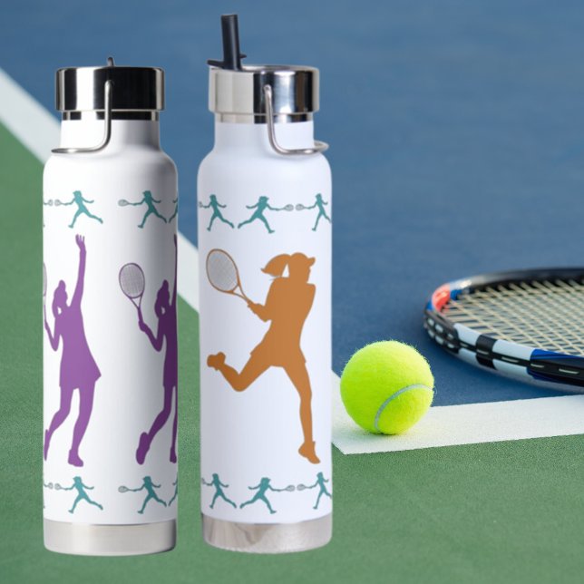 Frauen-Tennis-Silhouetten-Lila, Aquamarin & Orange Trinkflasche (Von Creator hochgeladen)
