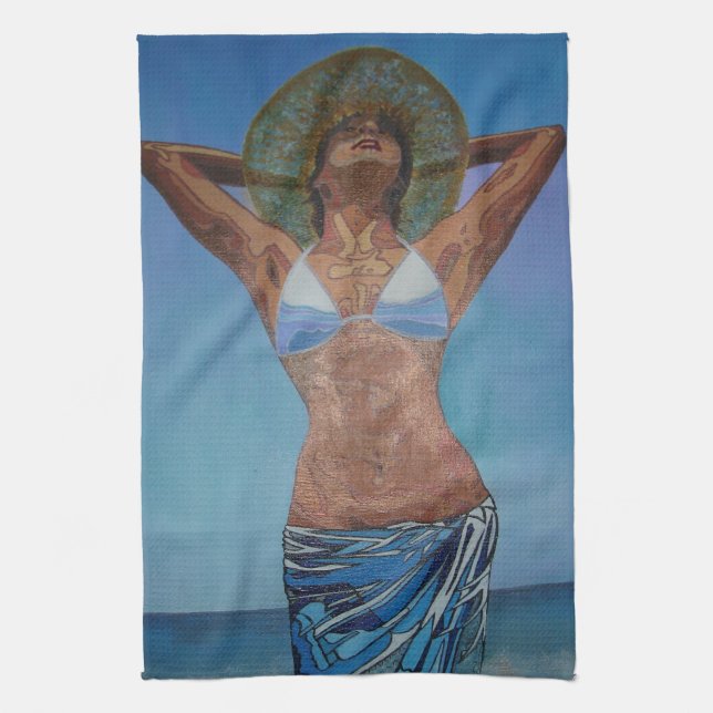Frauen tragen Hut und Sarong Spaß Sommer Geschirrtuch (Vertikal)