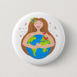 Frauen umarmten Planeten Erde Button