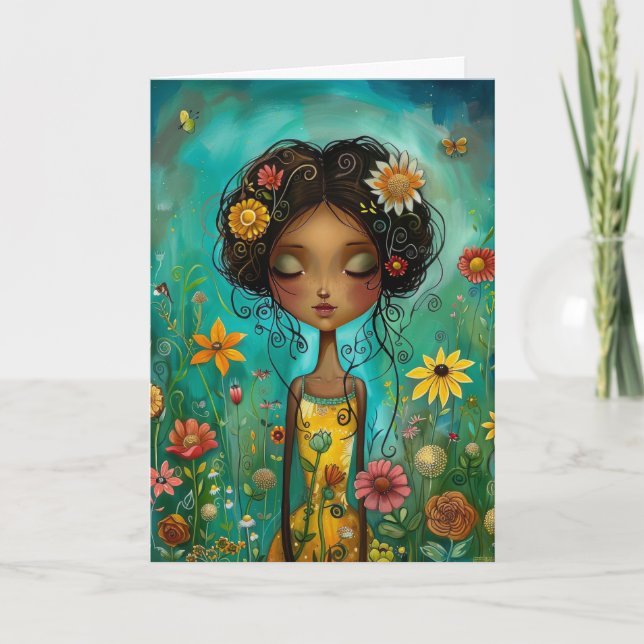 Frauen und Blume Illustration Stil Hallo Greetin Karte (Vorderseite)