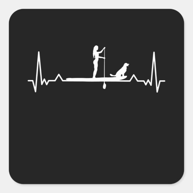 Frauen und Dog Paddleboarding Heartbeat Quadratischer Aufkleber (Vorderseite)