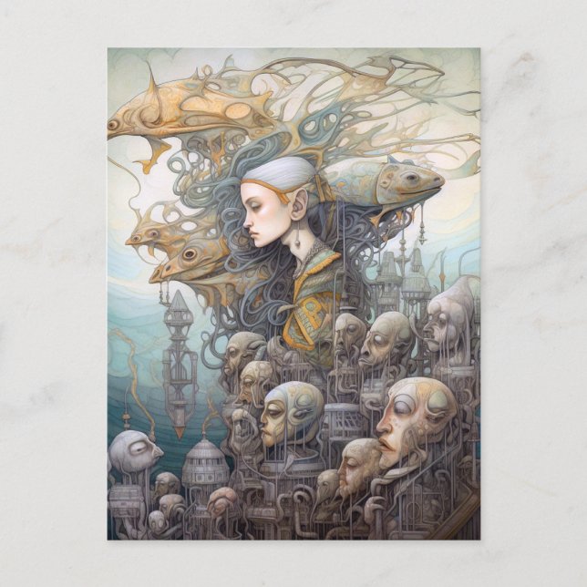 Frauen und Gebäude mit den Leitern Surreal Art Postkarte (Vorderseite)