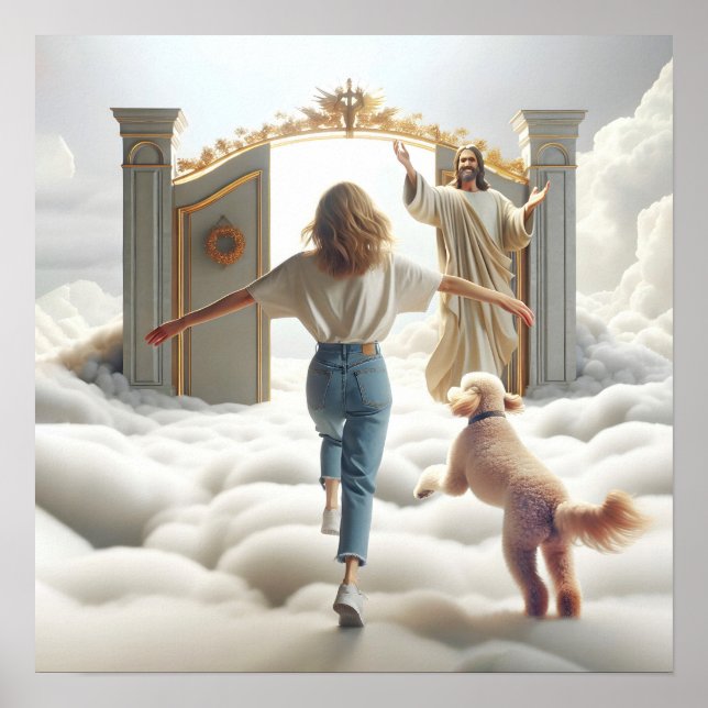 Frauen und Labradoodle betreten Himmelstor Poster (Vorne)