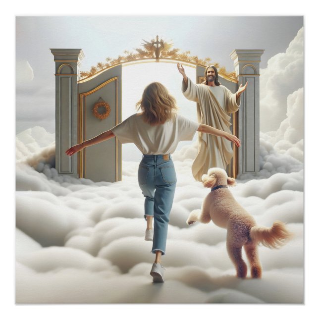 Frauen und Labradoodle betreten Himmelstor Poster (Vorderseite)