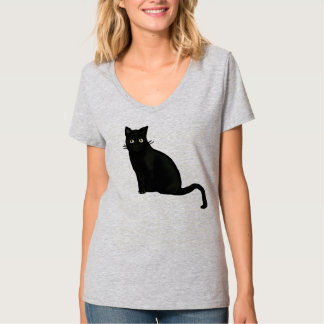 Frauen V-Ausschnitt schwarzes Katzen-Shirt Regular T-Shirt