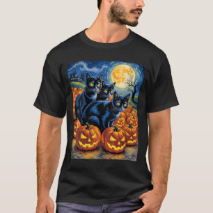 Frauen Van Gogh Stil Schwarze Katzen Halloween Kür T-Shirt