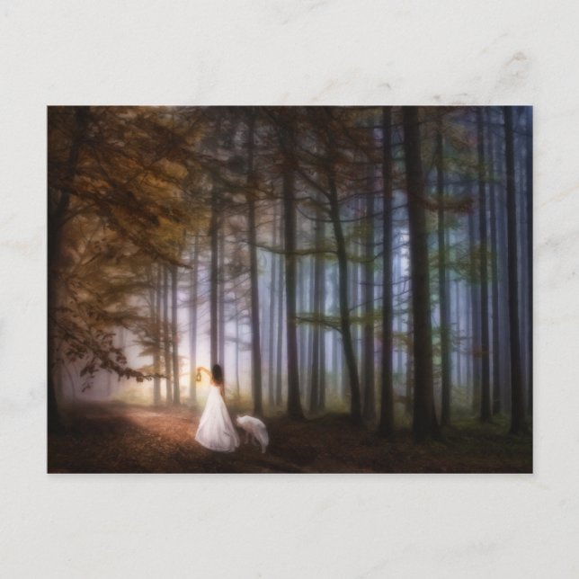 Frauen wandern mit einem Wolf durch einen Zauberwa Postkarte (Vorderseite)