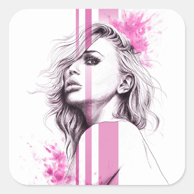 Frauenfarbenportrait Pink Fashion Illustration Art Quadratischer Aufkleber (Vorderseite)