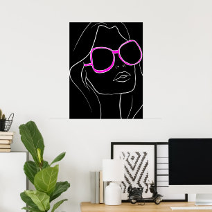 Frauengesicht in rosa Sonnenbrille Schwarzer Retro Poster