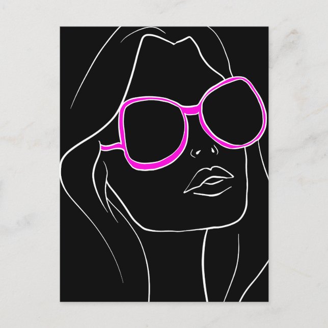 Frauengesicht in rosa Sonnenbrille Schwarzer Retro Postkarte (Vorderseite)