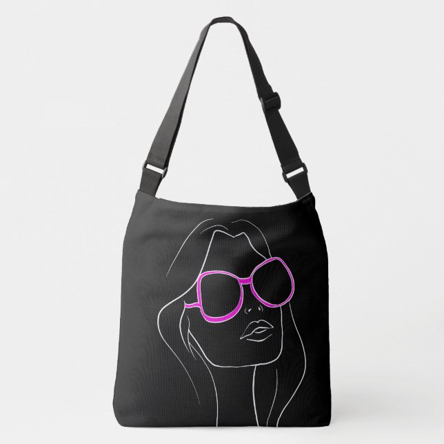 Frauengesicht in rosa Sonnenbrille Schwarzer Retro Tragetaschen Mit Langen Trägern (Vorderseite)