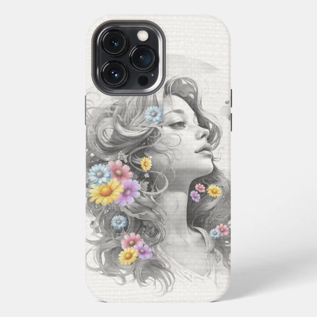 Frauengesicht mit Blumen Textur-Effekt iPhone 13 Pro Max Hülle (Rückseite)