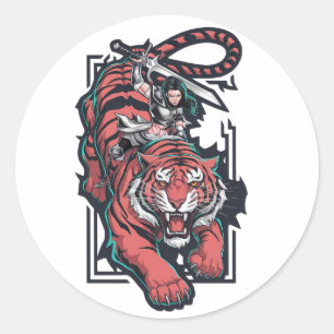 Frauenkrieger auf einem massiven Tiger Runder Aufkleber