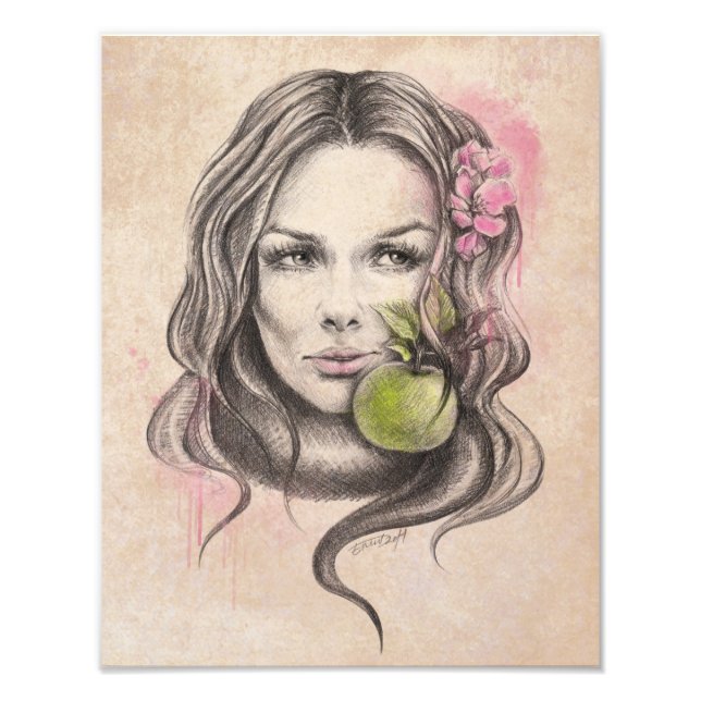 Frauenportrait mit Apfel und Blüte Surreale Kunst Fotodruck (Vorne)