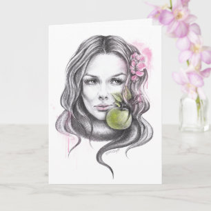 Frauenportrait mit Apfel und Blüte Surreale Kunst Karte