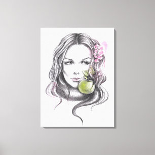 Frauenportrait mit Apfel und Blüte Surreale Kunst Leinwanddruck