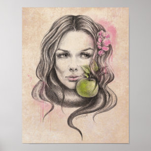 Frauenportrait mit Apfel und Blüte Surreale Kunst Poster