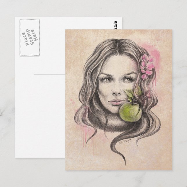 Frauenportrait mit Apfel und Blüte Surreale Kunst Postkarte (Vorne/Hinten)